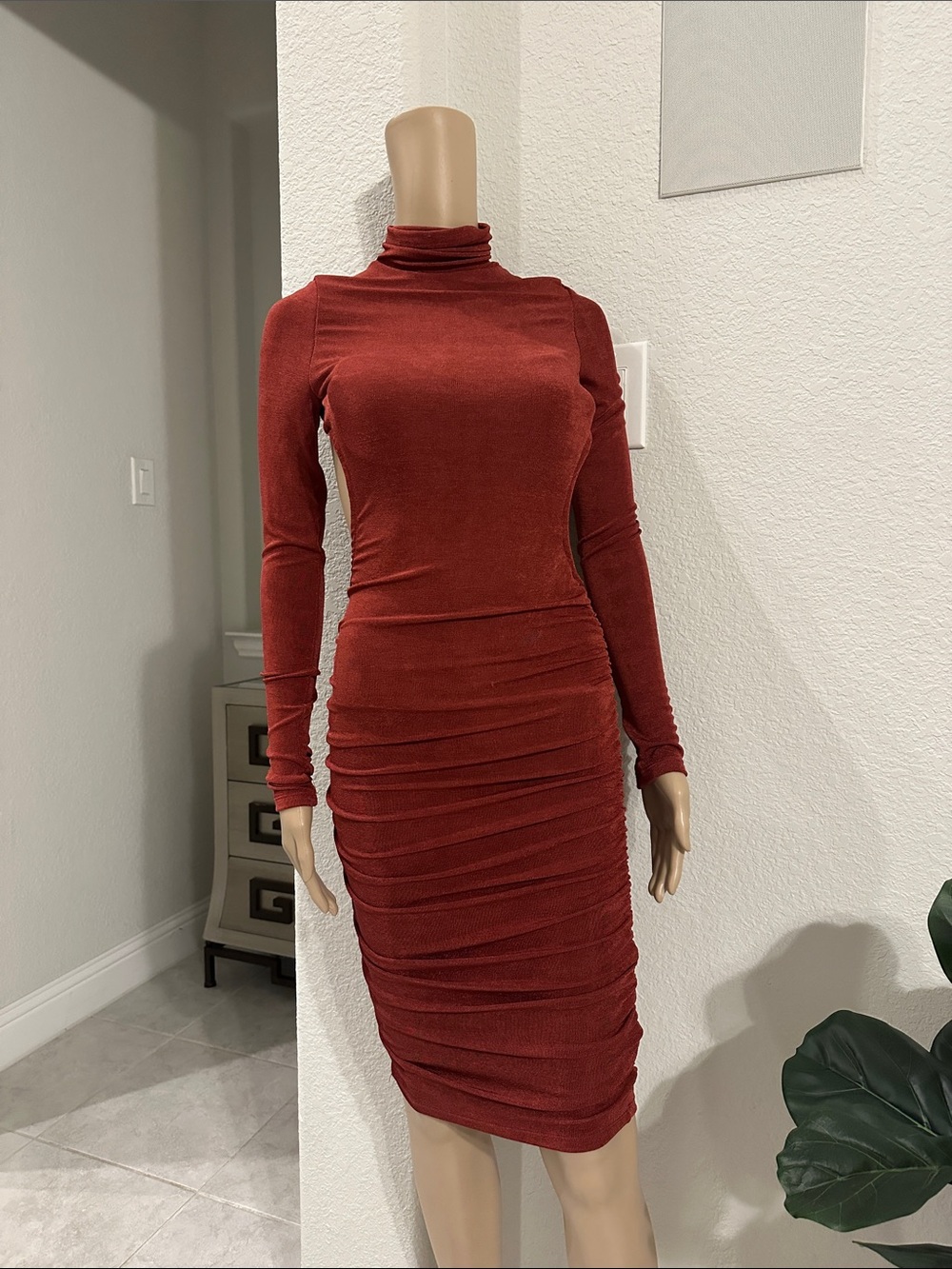 Fashion Nova Rust Backless Long-Sleeve Turtleneck Ruched Bodycon Dress